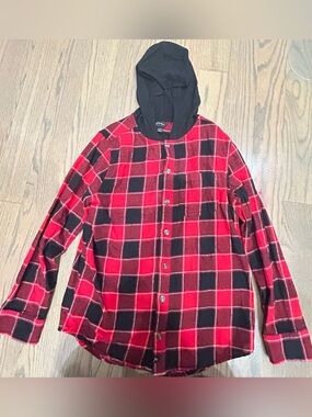 Art Class Boys Red & Black Plaid Flannel Hoodie Shirt Size L (10/12)